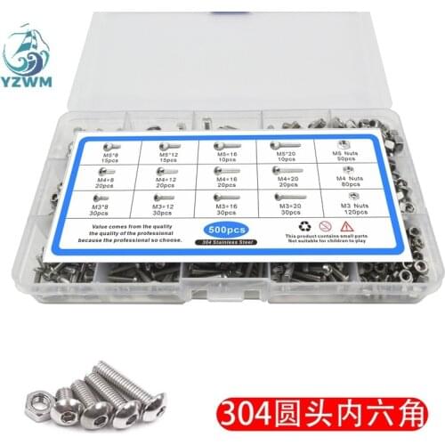 500pcs Stainless Steel 304 Round Head Pan Head Hexagon Screw Nut Box Set M3m4m5