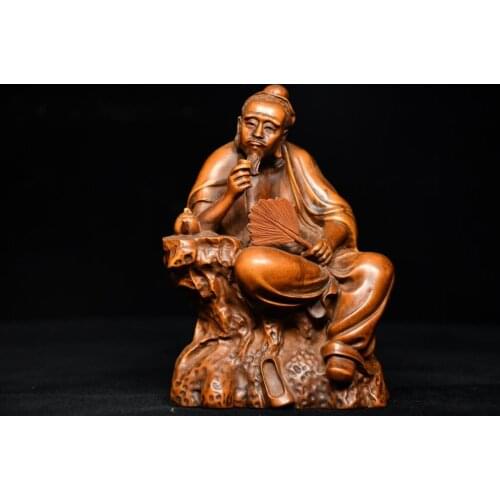 7" China Lucky Seikos Boxwood Statue of a tea expert in the Tang Dynasty Statue of Lu Yu Tea monograph "The Classic of Tea"