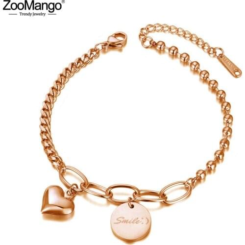 ZooMango Fashion Stainless Steel Smile Tag Heart Charm Bracelets For Women Bohemia Rose Gold Chain Link Bracelet Jewelry ZB20086