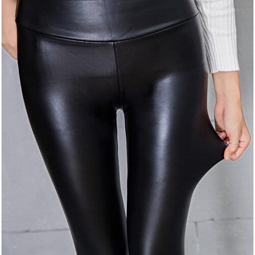 Black PU Leather Warm Thick Leggings Womens Skinny Pencil Pants Trousers Slim Fit Bodycon Stretchy Elastic Slim Legging