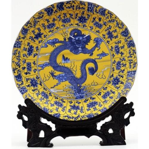 Home living room TOP talisman # Exorcise evil spirits Totem royal Flying dragon FENG SHUI porcelain plate Ornament business art