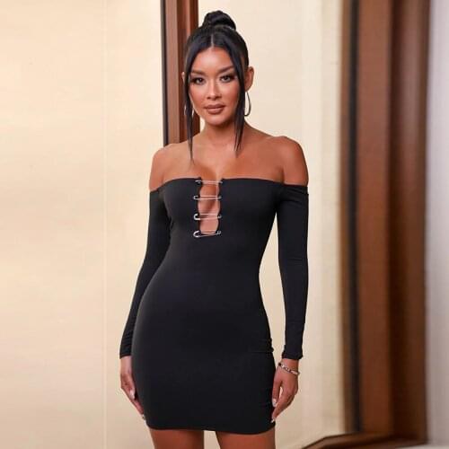 DSMTRC 2021 Summer Long Sleeve Soild Slash Neck Mixi Dress Female Streetwears Sexy Party Club Bodycon Dresses For Womens