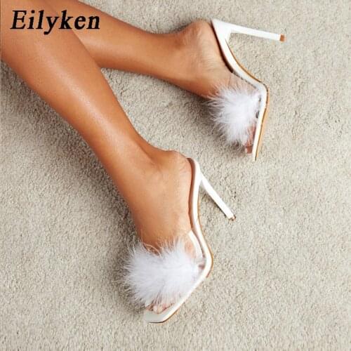 Eilyken 2021 New Summer Fashion Furry Slippers Ladies Sandals Sexy PVC Transparent Stiletto High Heels Women Mules Slides Shoes