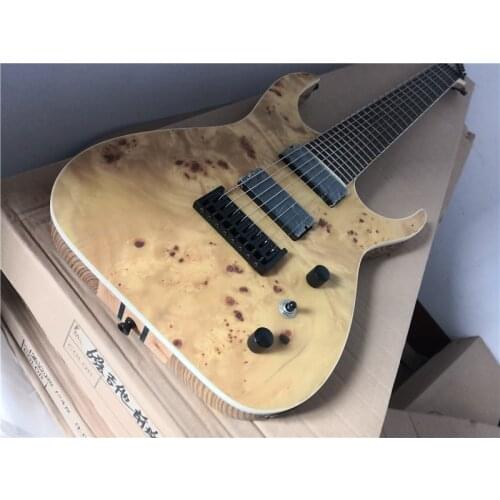 Free shipping 7 strings guitar,burl maple veneer,ASH wood body,black buttons,HH pickups,fixed bridge maple through body