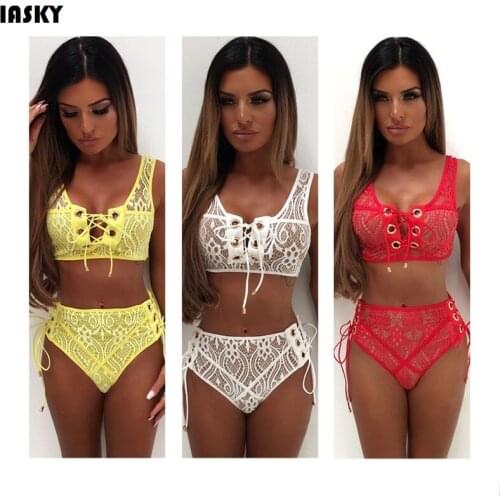 IASKY 2017 New Lace Bandage Bikinis Set sexy women high waist Two piece swimwear swimsuit Bathing suit Maillot De Bain