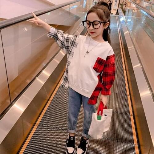 Girls Clothing Sets Autumn Kids Outfits Plaid Sweatshirt Jeans 2PCS Tracksuit Fashion Patchwork Teen Children Clothes Sport Suit