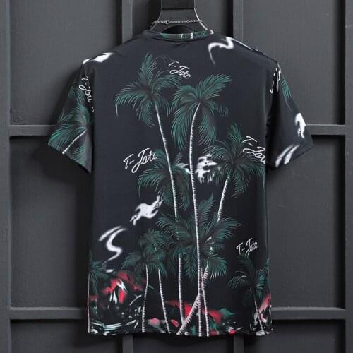Summer ice silk seamless island wind coconut print short-sleeved T-shirt landscape pattern half sleeve large size shirt maleW468