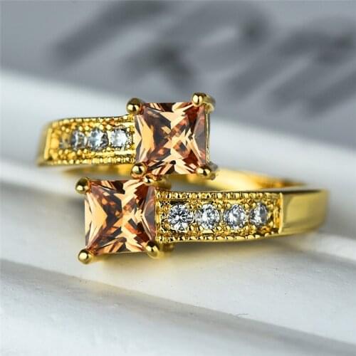 Small Square Champagne Zircon Yellow Gold Color Rings for Women Men Vintage Fashion Engagement Ring Luxury Jewelry Party Gifts