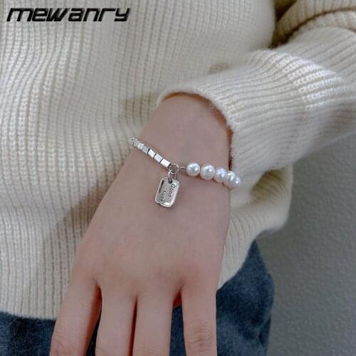 Mewanry 925 Sterling Silver Bracelet Vintage Square Brand Goodluck Lucky Pearl Stitching for Women Summer New Party Jewelry Gift