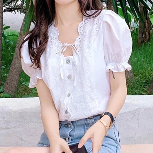 Fashion Hollow Out Square Collar Summer 2021 Women Blouse Sweet Backless Top Lace-up Casual Puff Short Sleeve White Blusas 10046