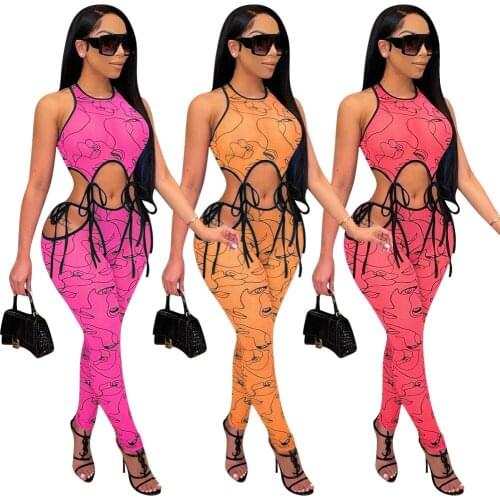 Monochrome Printing Bandage Sleeveless Hollow One-piece Pants Womens One-piece Pants Design Strong Temperament One-piece Pants