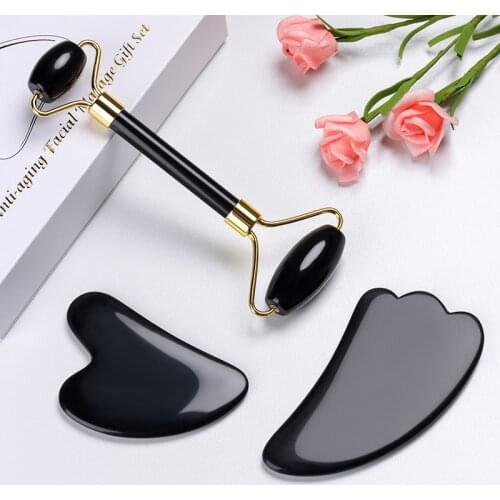 Natural Black Obsidian Jade Roller Facial Body Massager Roller Jade Stone Gua sha Board Scraper Face Lifting Beauty Massage Tool