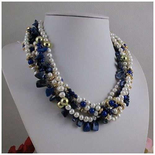 New Arriver Real Pearls Blue Lapis Jewellery,White Genuine Freshwater Pearl With Blue Color Lapis Lazuly Necklace 6rows 20inches
