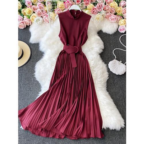 Casual Womens Long Dress Autumn Sleeveless High Waist Beige/Pink/Yellow Maxi Vestidos With Sashes Female 2020 Robe New Fashion