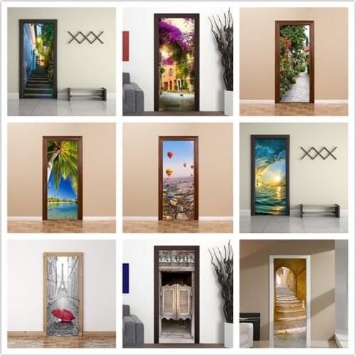 Rose Street Door Wallpaper PVC Seaside Palm Tree Printing Door Poster Home Decor Self Adhesive Wall Decorative Decal deursticker