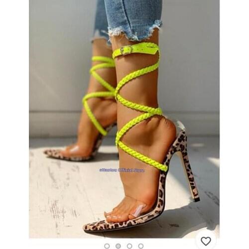 New Spring Summer mixed color neon green PVC band women open toed strap lace up thin high heeled sandals