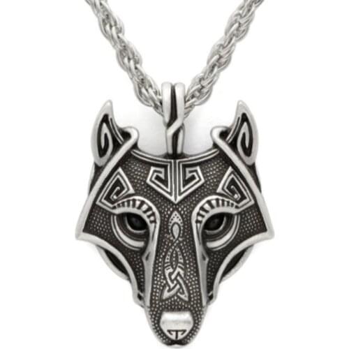 Norse Vikings Wolf Head Pendant Necklace Nordic Odin Black Eyes Wolf Chain Necklaces for Women Men Original Animal Jewelry