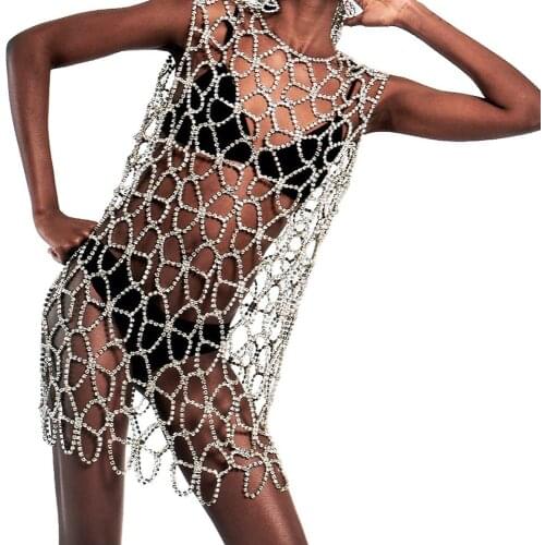 Stonefans Butterfly Hollow Out Crystal Dress Long Body Chain Skirt Women Party Rhinestone Sleeveless Bodycon Dress Rave Outfits