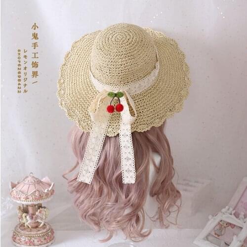 Japanese Straw Hat Lace Foldable Sweet Flat Top Cap Sunhat Pastoral Style Small Fresh Cherry Female Beach Hat Strawhat Cosplay