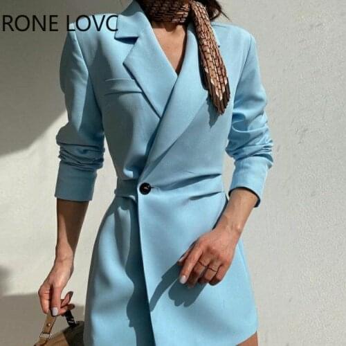 Women Solid Elegant button defined waist Mini Working Blazer Dresses
