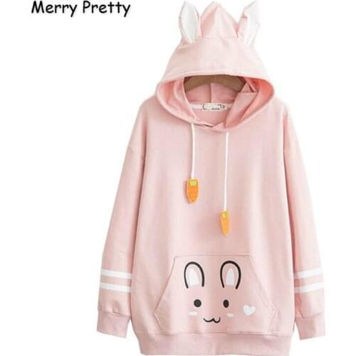 Merry Pretty Cotton Womens Cartoon Rabbit Print With Ears On Hooded Tracksuit 2020 Winter Long Sleeve Cute Hoodies Sweatshirts