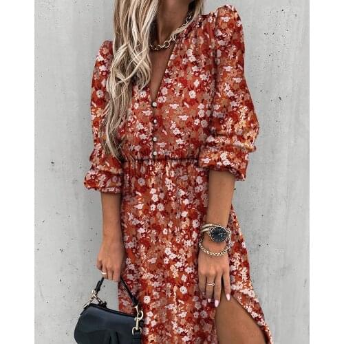 Long Dress Woman Autumn Spring Fashion Casual Purple Floral Long Sleeve Button Up Side Slit Dresses Clothes New Arrival 2021