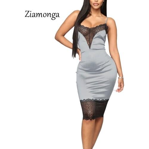 Ziamonga Summer Satin Dress Women Sexy Lace Patchwork Bodycon Bandage Dress Party Club Wear Midi Dress 2019 Vestidos Robe Femme