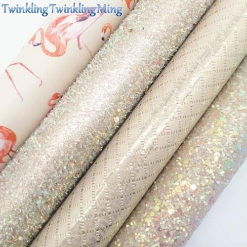BEIGE Glitter Fabric, Plaids Faux Leather Fabric, Flamingo Printed Faux Leather Sheets For Bow A4 8"x11" Twinkling Ming XM298