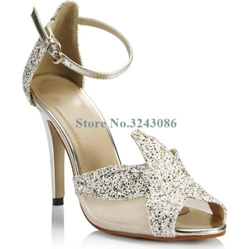 Bling Bling Paillette Starfish Sandals Peep Toe Mesh Patent Leather Thin High Heel Sandals Silver Buckle Strap Banquet Shoes