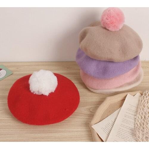 Korean Style Elegant Girls Kids wool Beret autumn winter Retro cap girls Cute Baby Berets with Pompom Ball Hats Suit for 2-6T