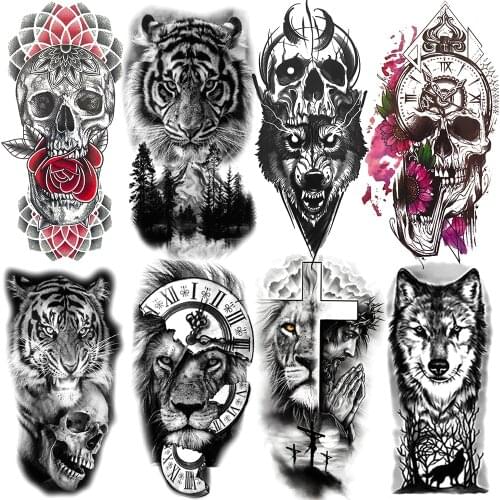 Gangster Wolf Temporary Tattoo For Women Men Death Skull Fake Tattoos Sticker DIY Harajuku Mermaid Waterproof Tatoo Body Art Arm