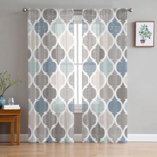 Geometric Retro Morocco Sheer Curtains for Living Room Bedroom Kitchen Chiffon Tulle Curtains Home Hotel Coffee Decor