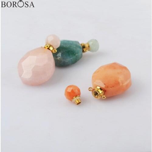 Healing Crystal Perfume Bottle Diffuser Necklace Jewelry, Gold Color Faceted Rose Green Quartz Amazonite Perfume Bottle WX1837