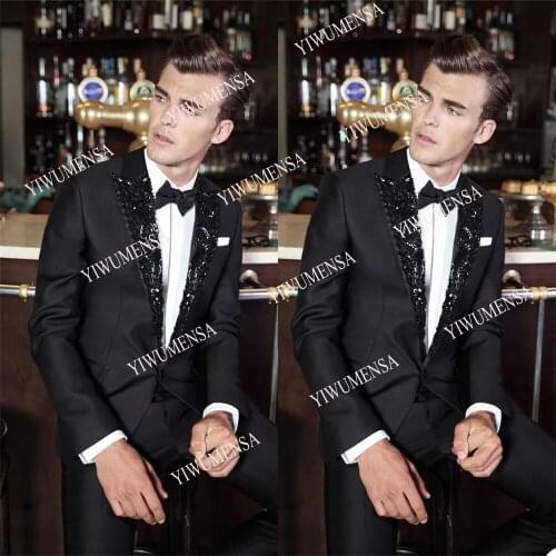 YIWUMENSA Last Designer Celebrity Party Wedding Suits Men Blazers Tailor-Made Beaded Shawl Lapel Tuxedos Fit Black Jacket+Pants