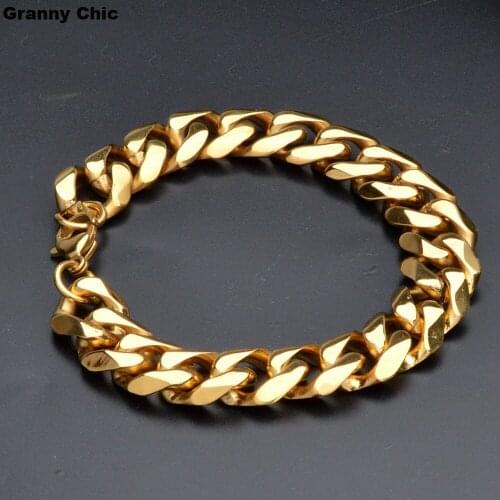 Granny Chic 1pcs Mens Jewelry Gift Fashion Gold Tone Stainless Steel Curb Chain Link Bracelet 13mm/15mm