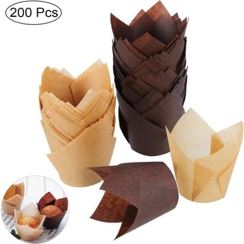 Hot New 200PCS Set Tulip Shape Muffins Baking Boxes Paper Cupcake Wrappers Tray Tools Kitchen Party Home Office Decorating DIY