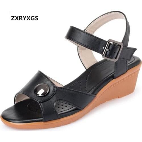 Best Sale 2020 New Classic Summer Open Shoes Women Sandals Genuine Leather Sandals Flat Wedges Sandals Fashion Casual Sandals