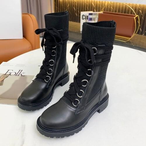 Autumn Winter Latest Catwalk Boots Womens Shoes 2021 Genuine Leather Knitted Short Boots Stretch Fabric Mid-Calf Casual Boots