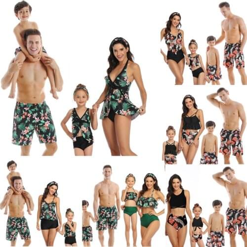 Family Matching Swimsuits Floral Printed Mom And Me Swimwear Women Girl Bathing Suits Men Boy Trunks Couples Holiday Beachwear