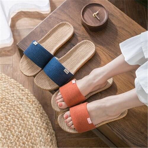 FAYUEKEY New Summer Flax Slippers For Women Men Soft Non-slip Unisex Indoor Shoes Ladies Flat Slides Casual Sandals Flip Flops