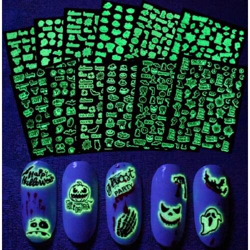 3D Luminous Halloween Nails Art Stickers Ghost Witch Pumpkin Letter Bat Spider Design Decoration Decals Manicure Accessories