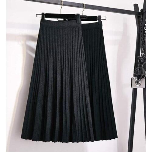 Black Skirts Womens 2020 Spring Autumn knitted Pleated Skirt Casual Ladies Elastic High Waist A Line Long Skirt women clothes
