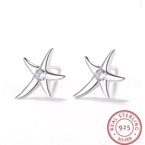 Female Cute Starfish White Round Zircon Earrings 925 Sterling Silver Wedding Earrings For Women Crystal Sea Star Stud Earrings