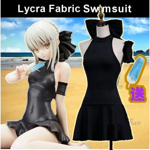 Stock Saber!Anime Fate Grand Cosplay Costume Swimsuit Lycra/PU Swimwear Girls Black Bodysuit Halloween Suit For Women Outfit