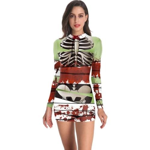 Womens Halloween Costume Skeleton Zip Up Skinny Catsuit Stretch Jumpsuit Party Cosplay Adult Scary Dress Sexy Tight Bodysuit
