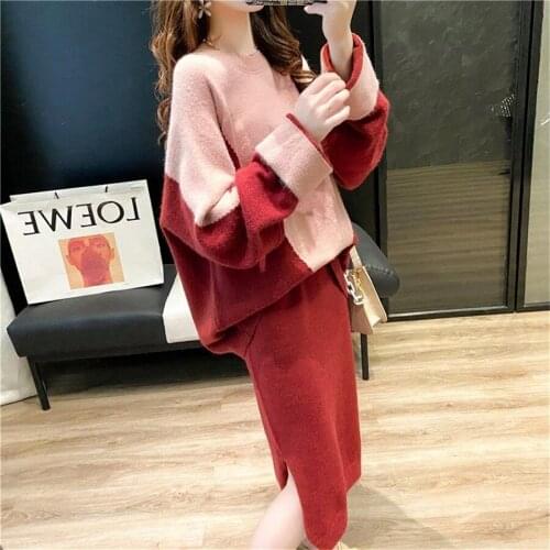 Women knitted skirt suits Autumn Winter Batwing Sleeve Sweater Top 2 piece Set Elegant Party Female Midi Dress