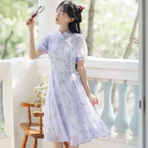 Women Sweet Retro Dress 2021 Summer Vestidos de mujer Fashion Chic Plaid Embroidery Elegant Cheongsam Midi Dress