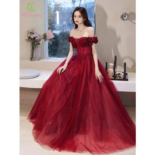 SSYFashion New Elegant Wine Red Evening Dress for Women Boat Neck A-line Floor-length Sequins Beading Party Formal Gown Vestidos