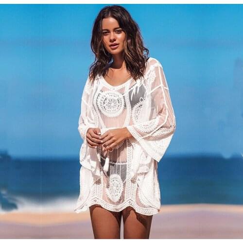 2021 Sexy See Through Bikini Cover-ups White Lace Tunic Women Summer Beach Wear Swim Suit Cover Up Transparent Mini Dress Q1307