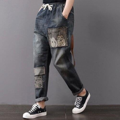 Art Style Patchwork Embroidery Loose Vintage Women Jeans Hole Design Elastic Waist All Cotton Denim Ladies Harem Pants D101